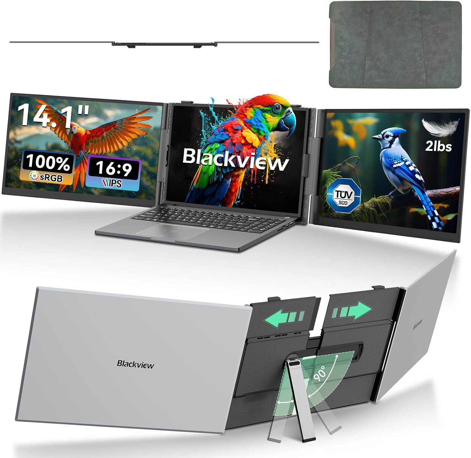 Blackview DCM6 portable screens deployed as triple monitors on a home office desk alongside a laptop