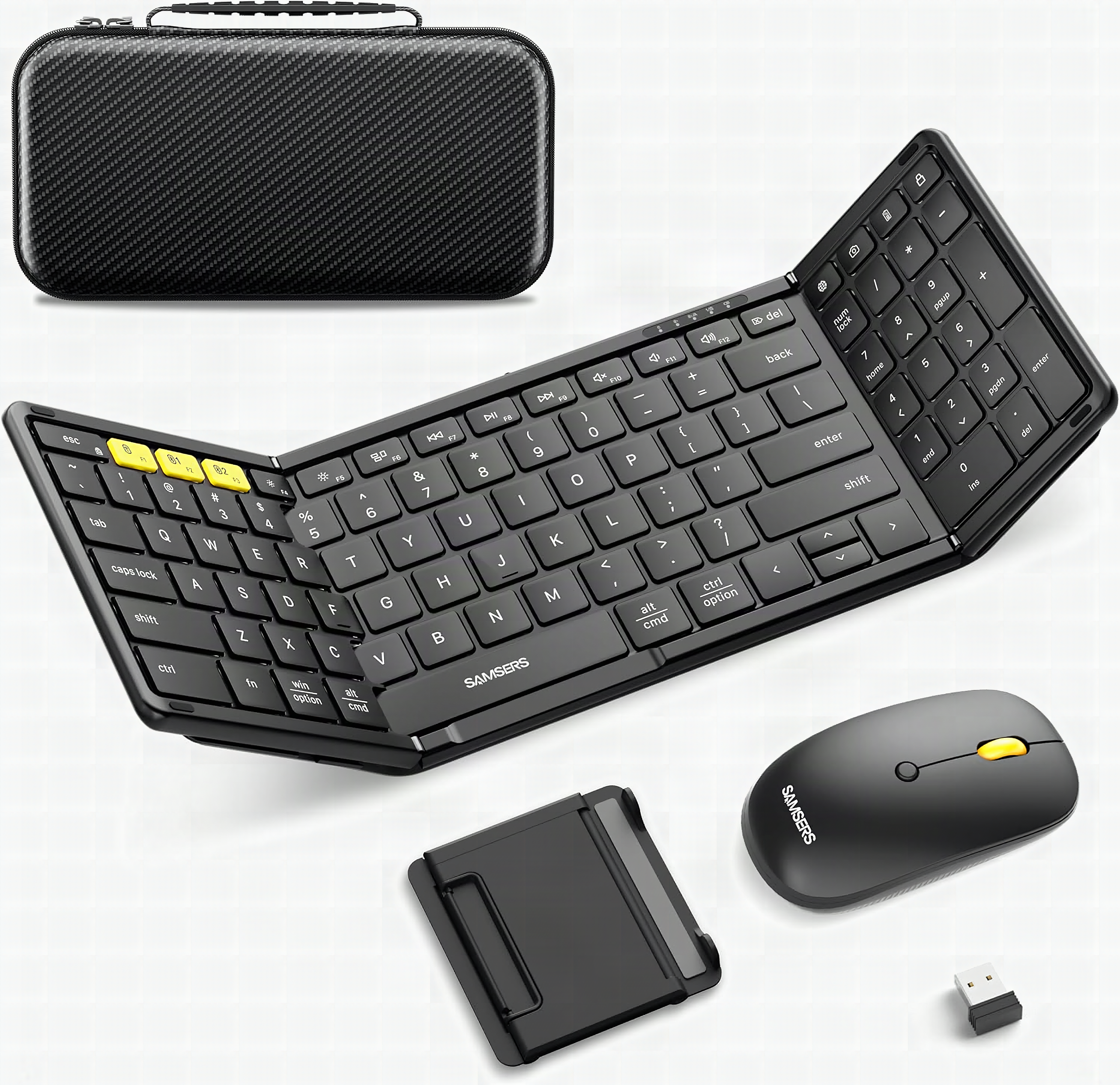 Macro close-up of folded black Samsers keyboard showing hinged mechanism and key details