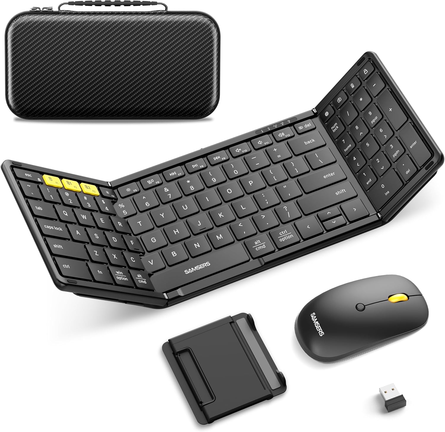 Foldable Samsers keyboard and mouse on desk in bright home office workspace with monitor nearby