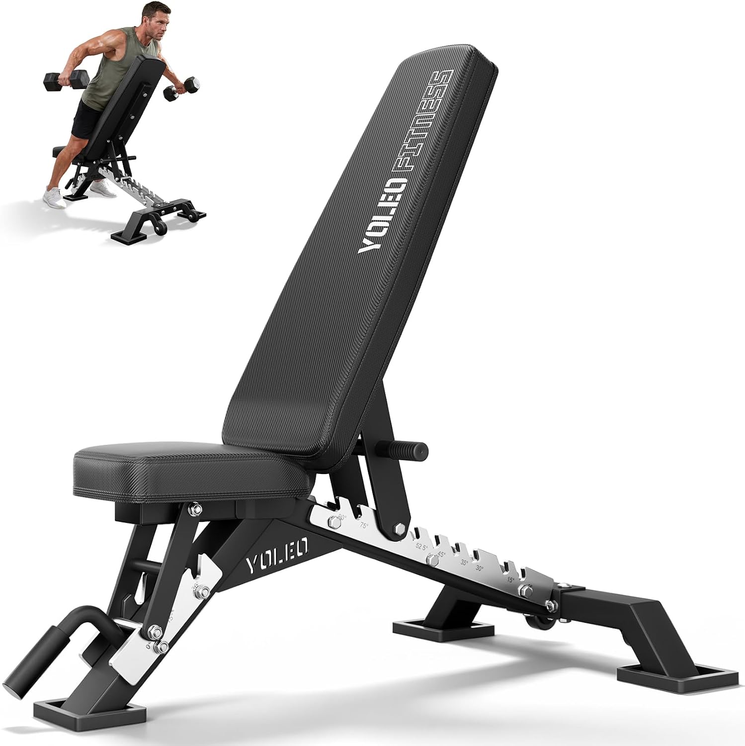 YOLEO weight bench in a full commercial gym environment surrounded by other exercise equipment and gym infrastructure